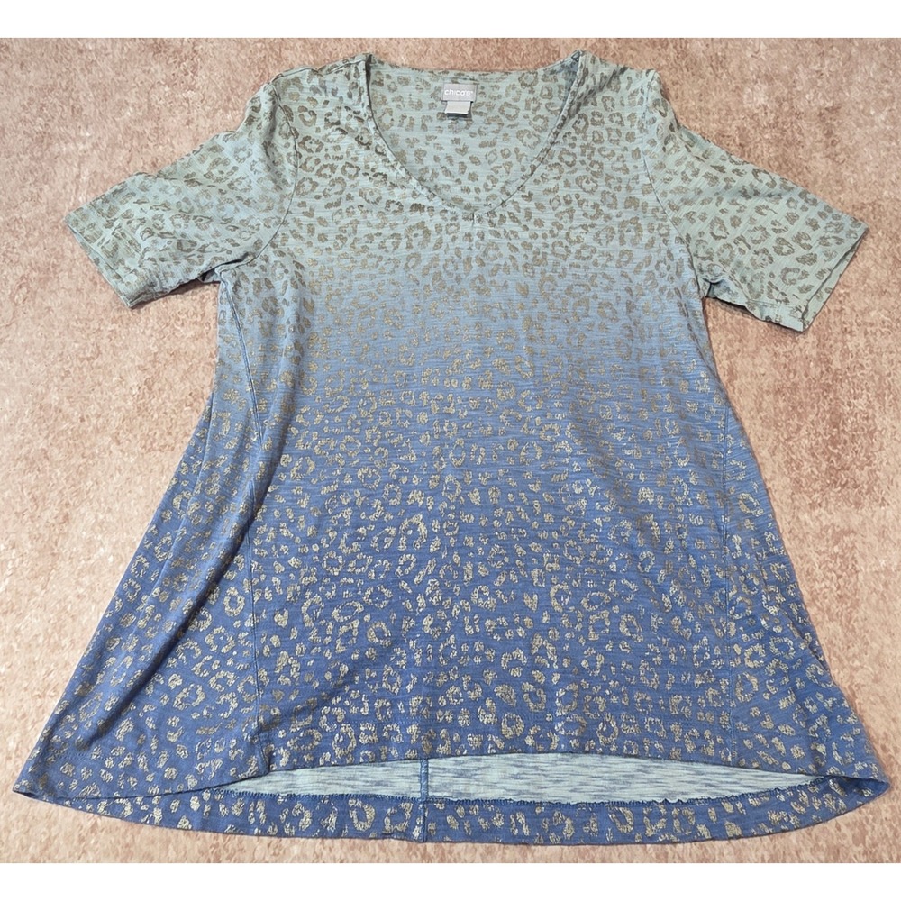 Chicos Ombre Leopard Print V-Neck Top Blue Green Gold Metallic Size 1 Medium